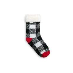 Buffalo Check Pop Heel-Toe Faux Shearling Lined Lounge Crew Sock