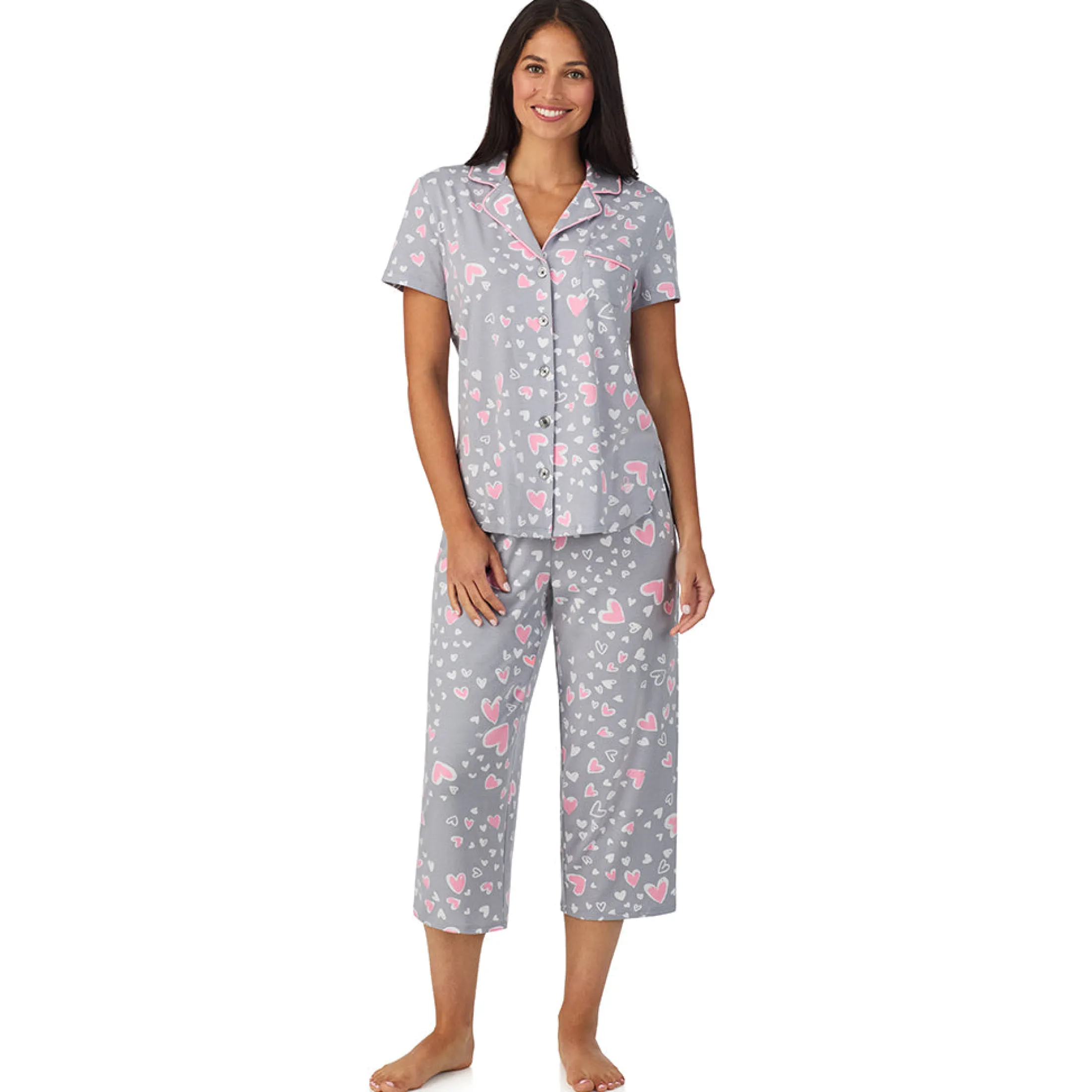 Cotton Rich Short Sleeve Notch Collar Top with Cropped Pant Pajama Set
