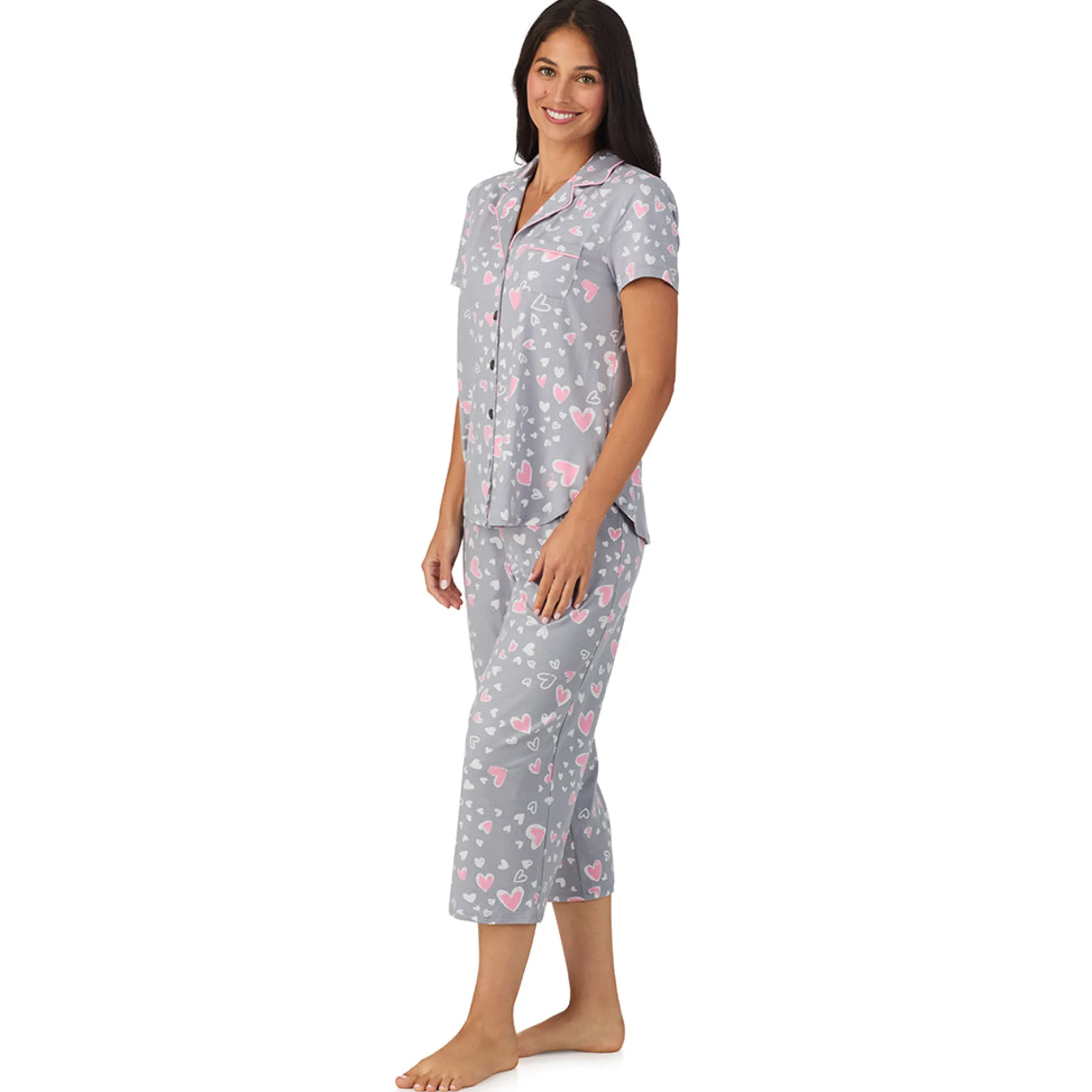 Cotton Rich Short Sleeve Notch Collar Top with Cropped Pant Pajama Set