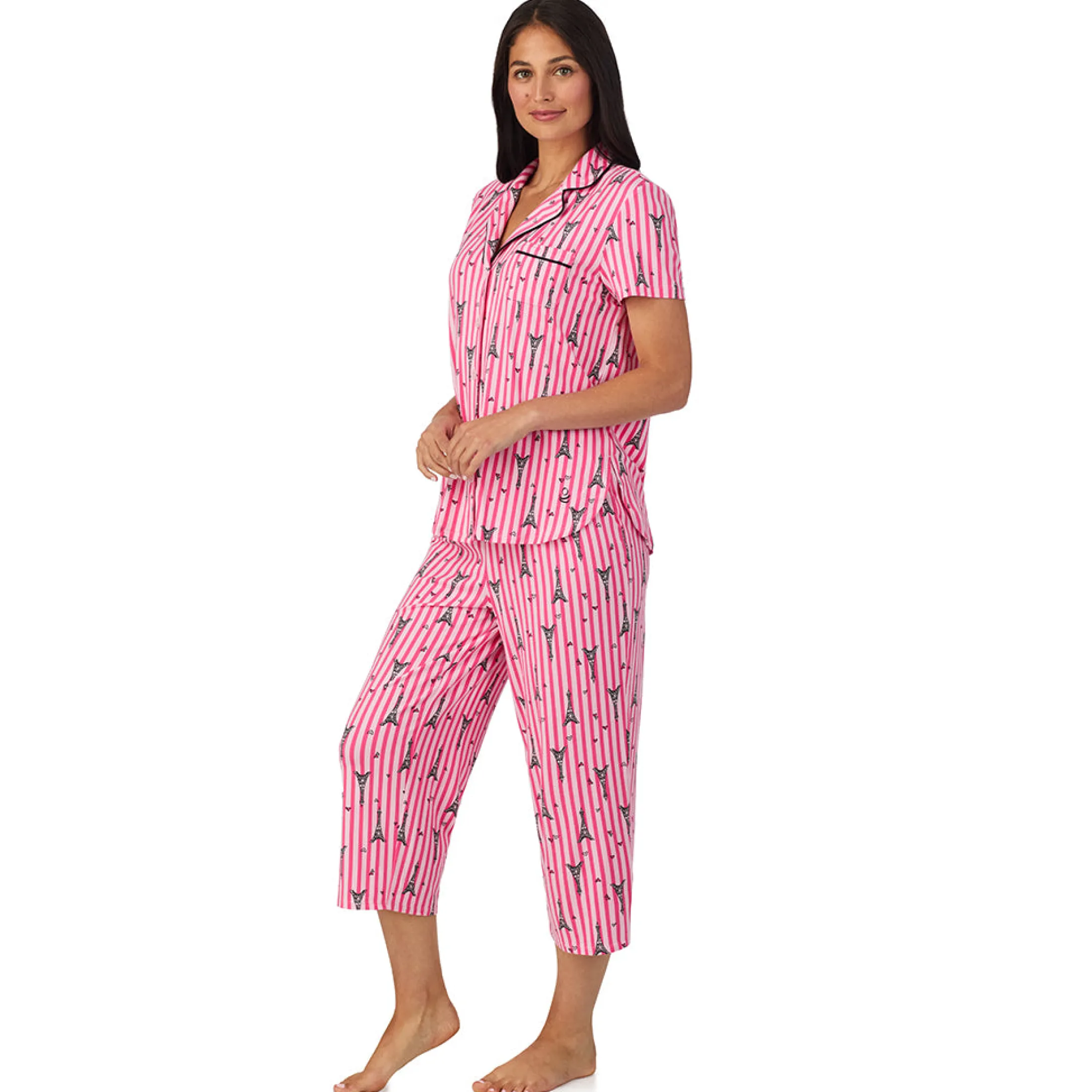 Cotton Rich Short Sleeve Notch Collar Top with Cropped Pant Pajama Set