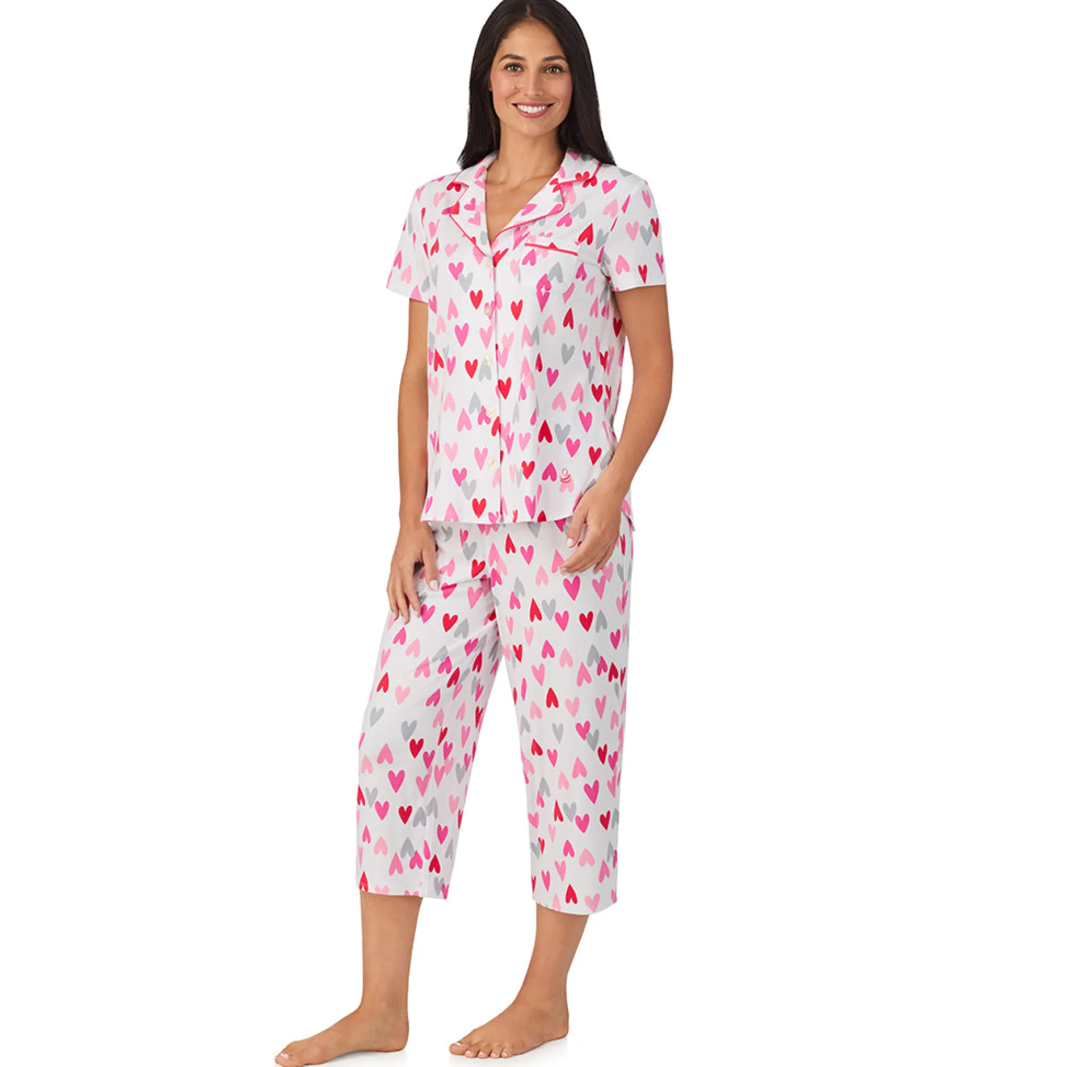 Cotton Rich Short Sleeve Notch Collar Top with Cropped Pant Pajama Set