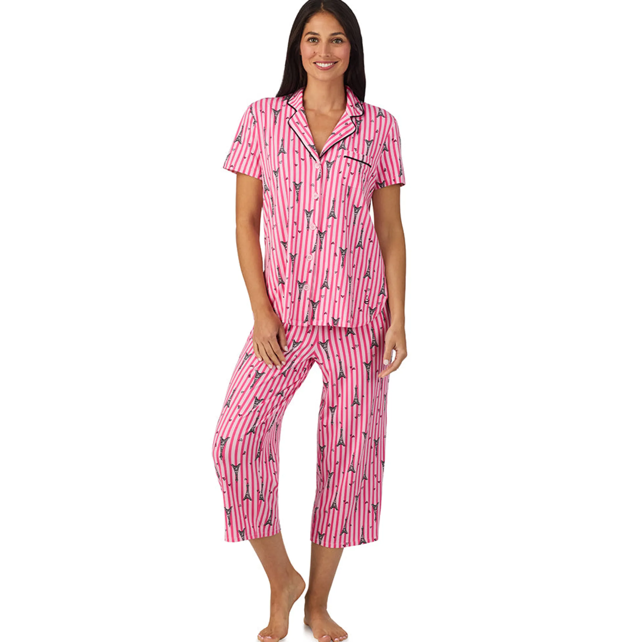 Cotton Rich Short Sleeve Notch Collar Top with Cropped Pant Pajama Set