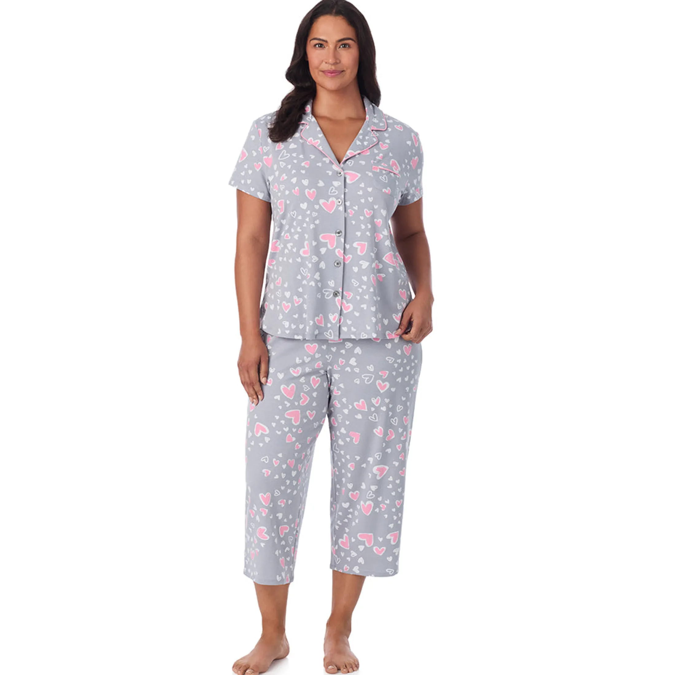 Cotton Rich Short Sleeve Notch Collar Top with Cropped Pant Pajama Set