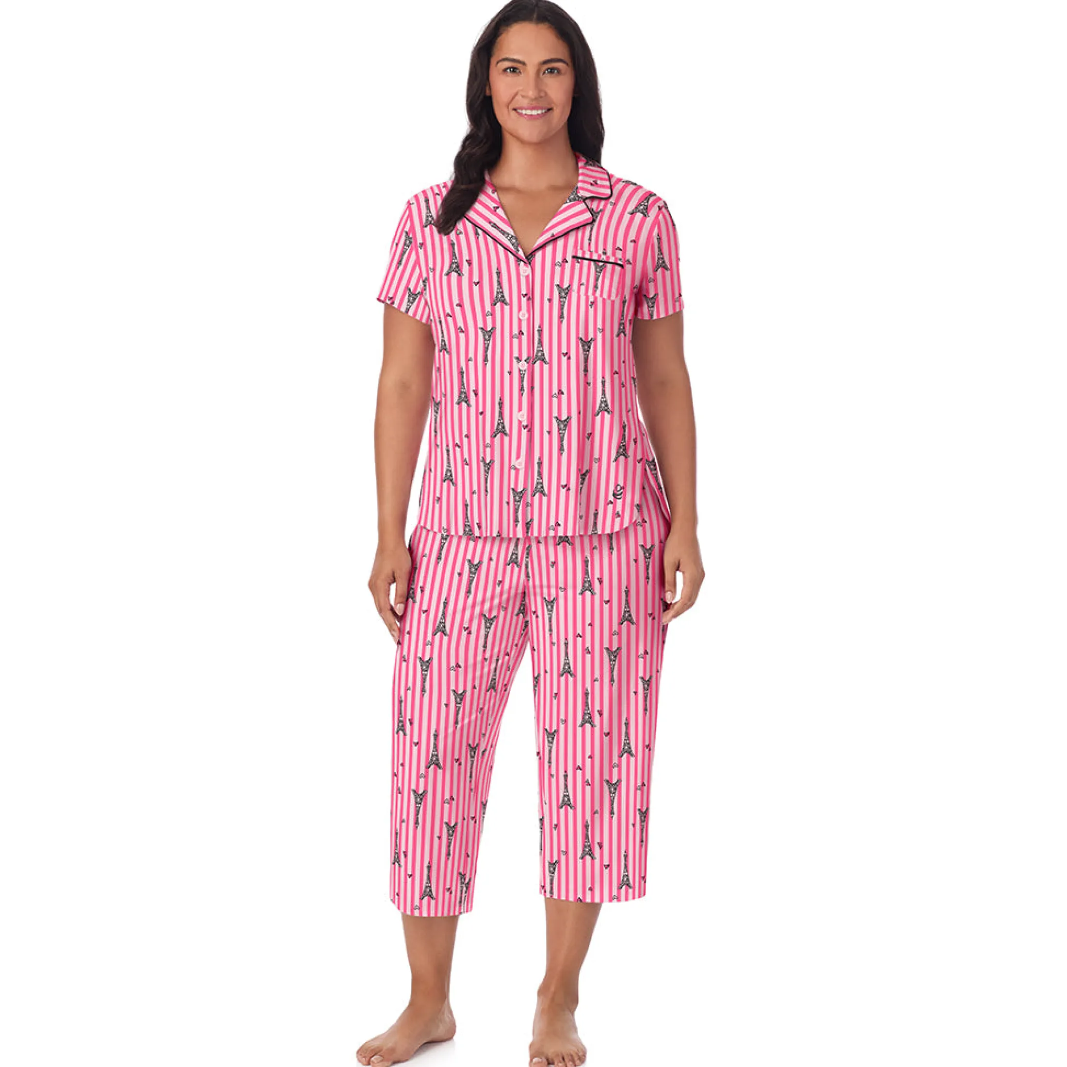 Cotton Rich Short Sleeve Notch Collar Top with Cropped Pant Pajama Set