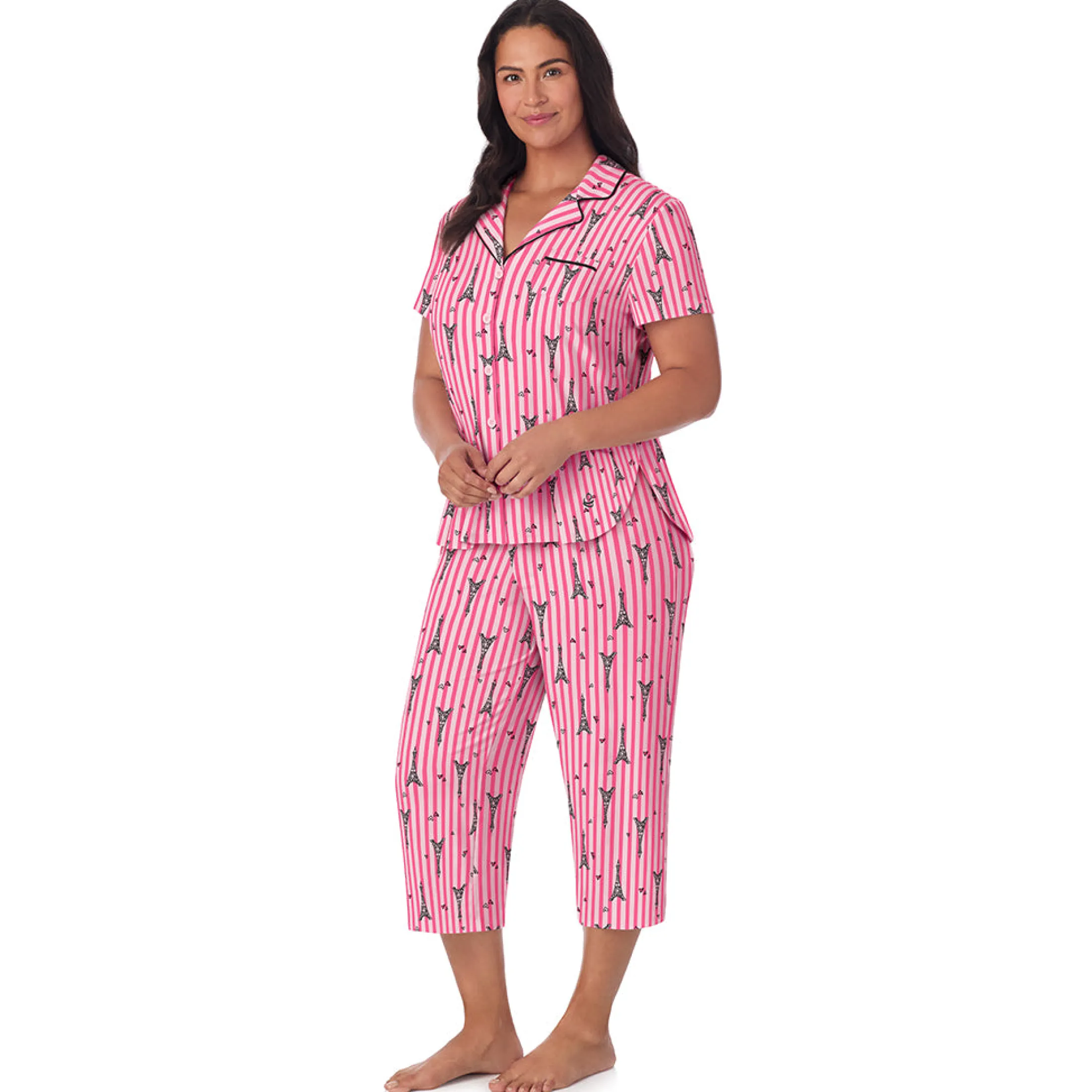 Cotton Rich Short Sleeve Notch Collar Top with Cropped Pant Pajama Set