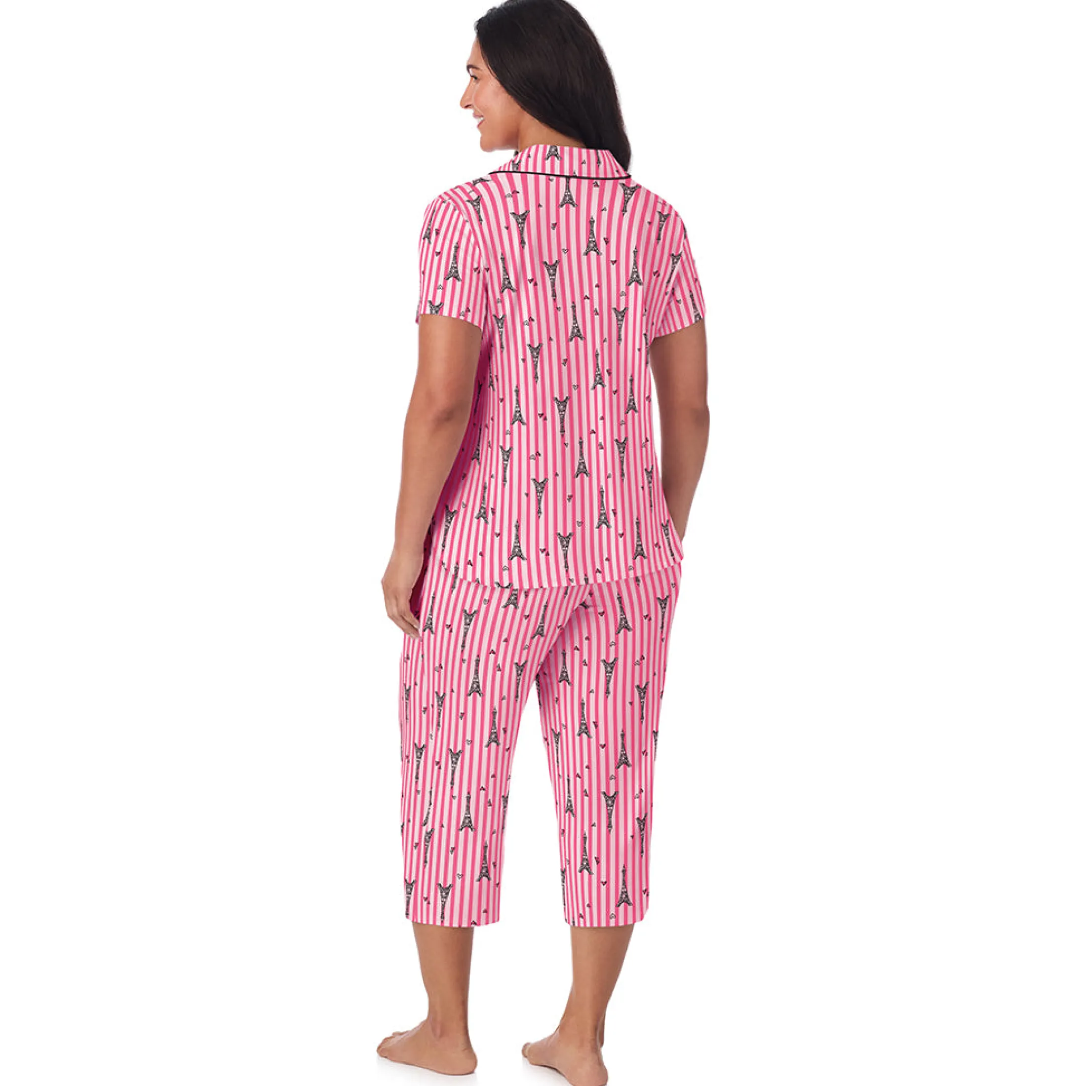 Cotton Rich Short Sleeve Notch Collar Top with Cropped Pant Pajama Set