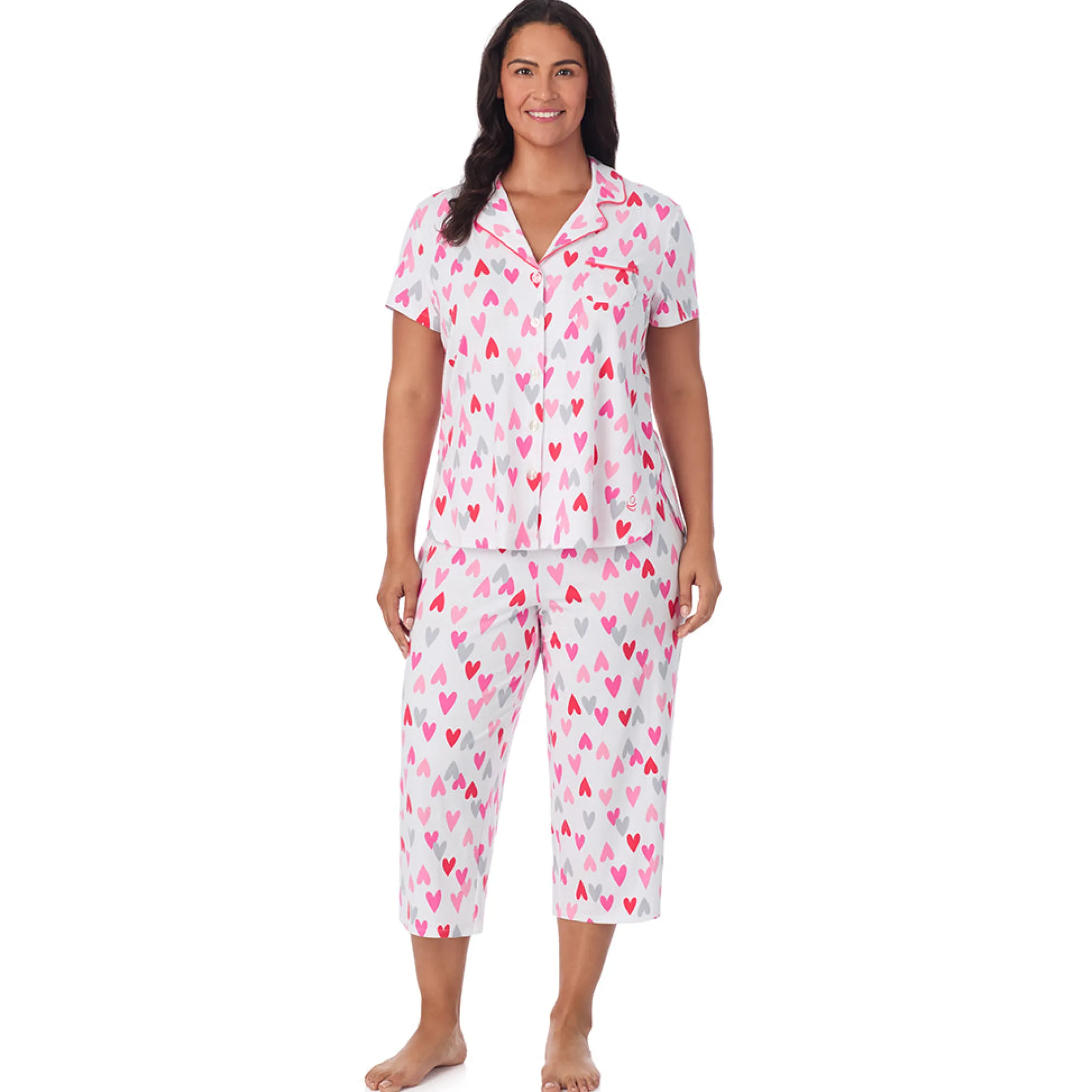 Cotton Rich Short Sleeve Notch Collar Top with Cropped Pant Pajama Set