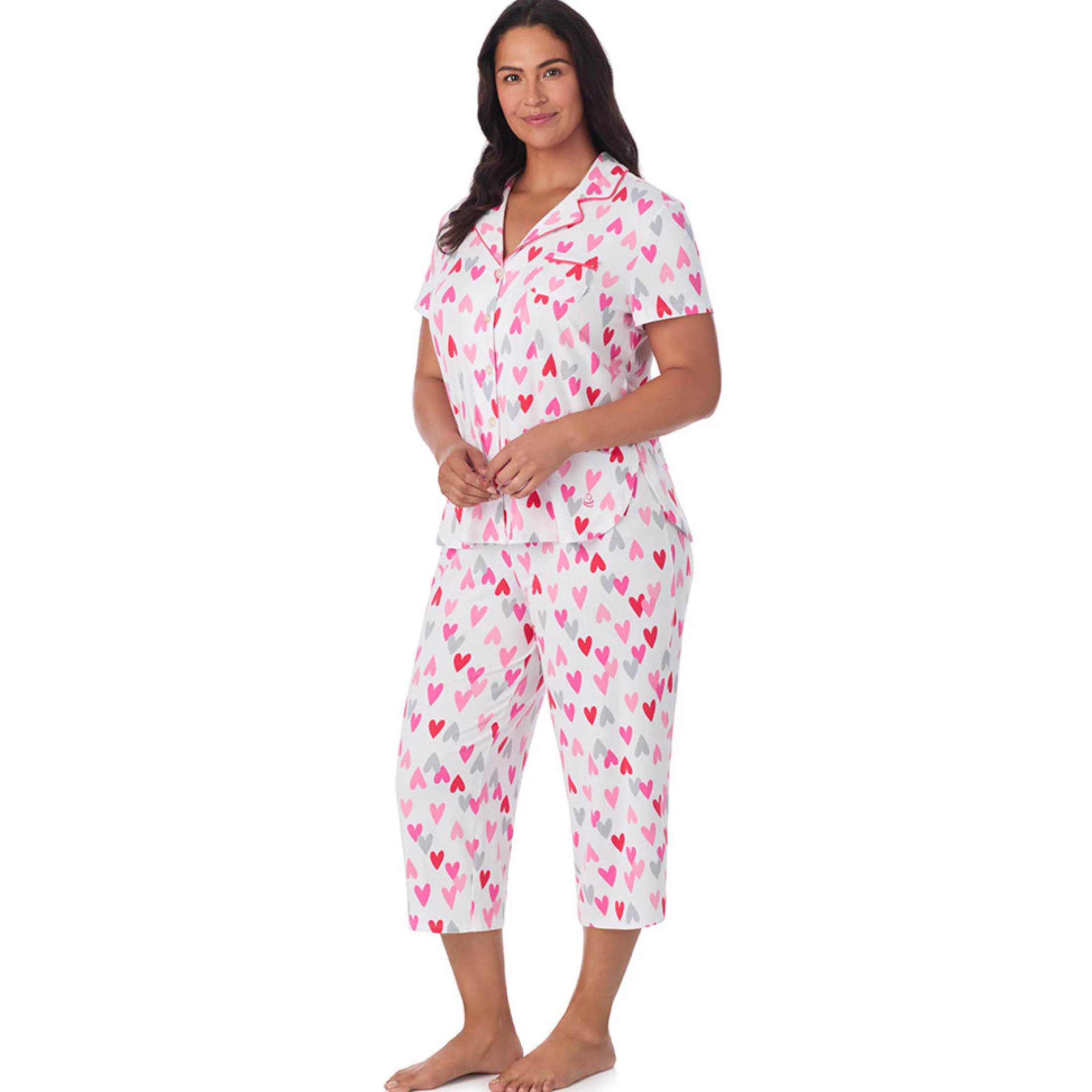 Cotton Rich Short Sleeve Notch Collar Top with Cropped Pant Pajama Set
