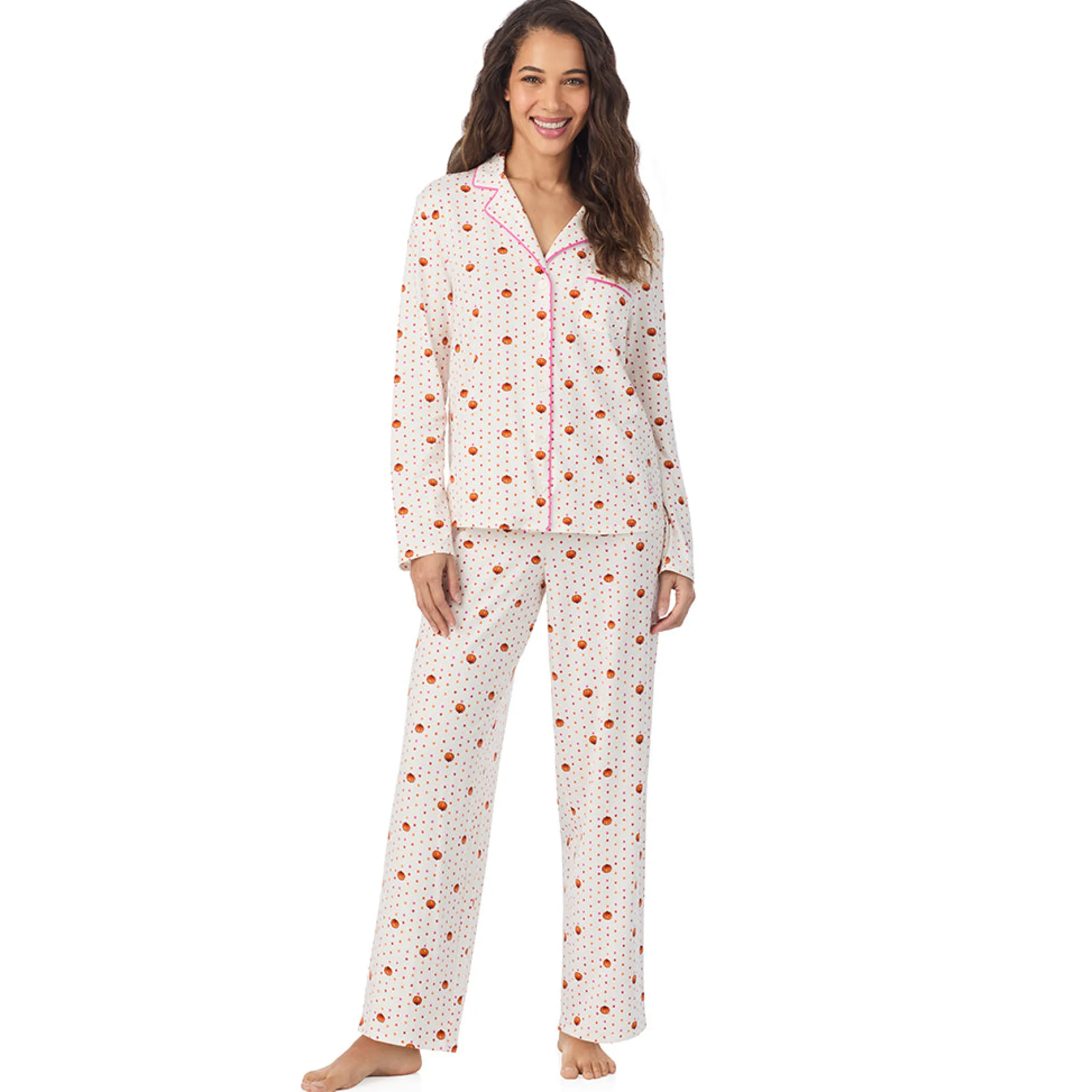 Cotton-Blend Long Sleeve Notch Collar 2-Pc Pajama Set