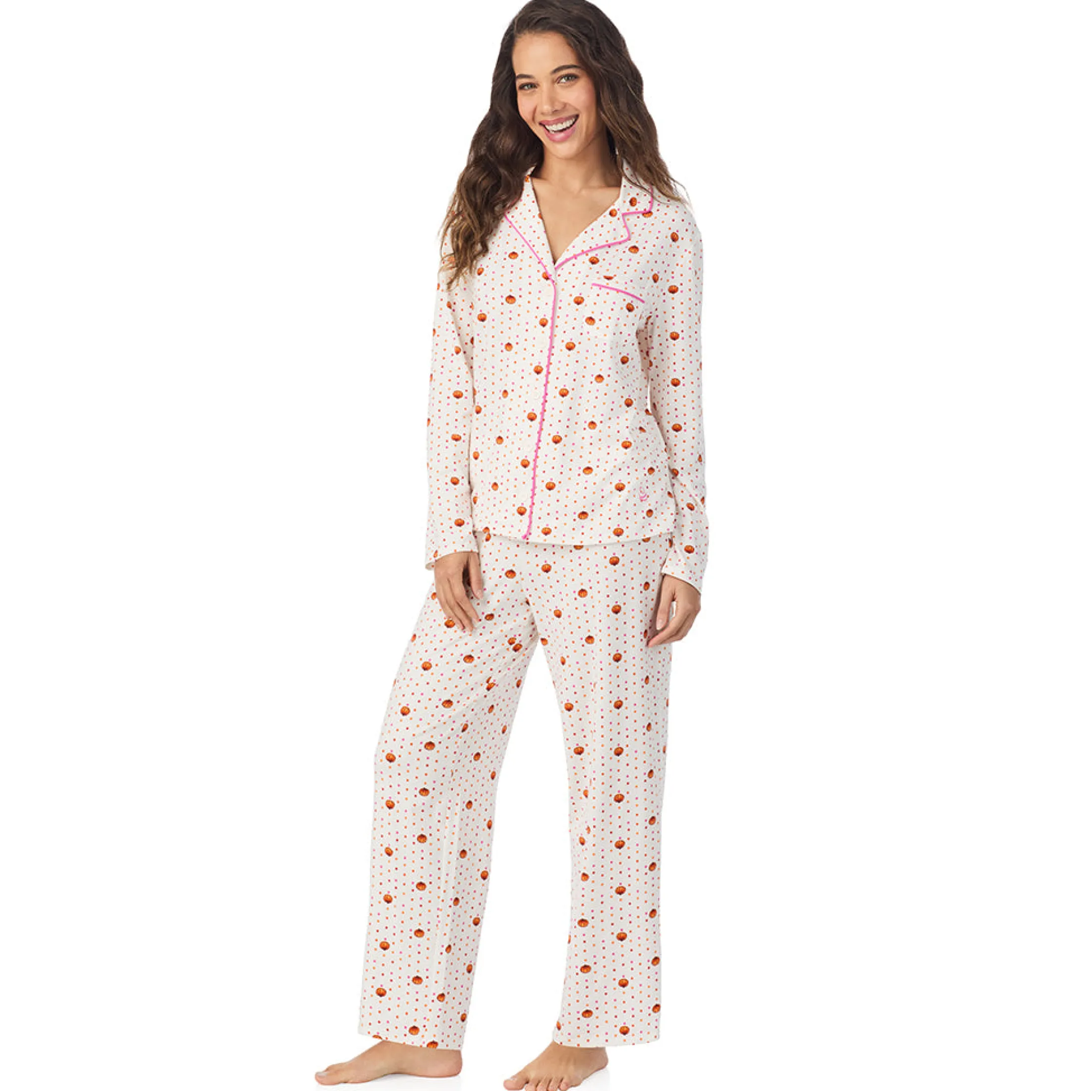 Cotton-Blend Long Sleeve Notch Collar 2-Pc Pajama Set