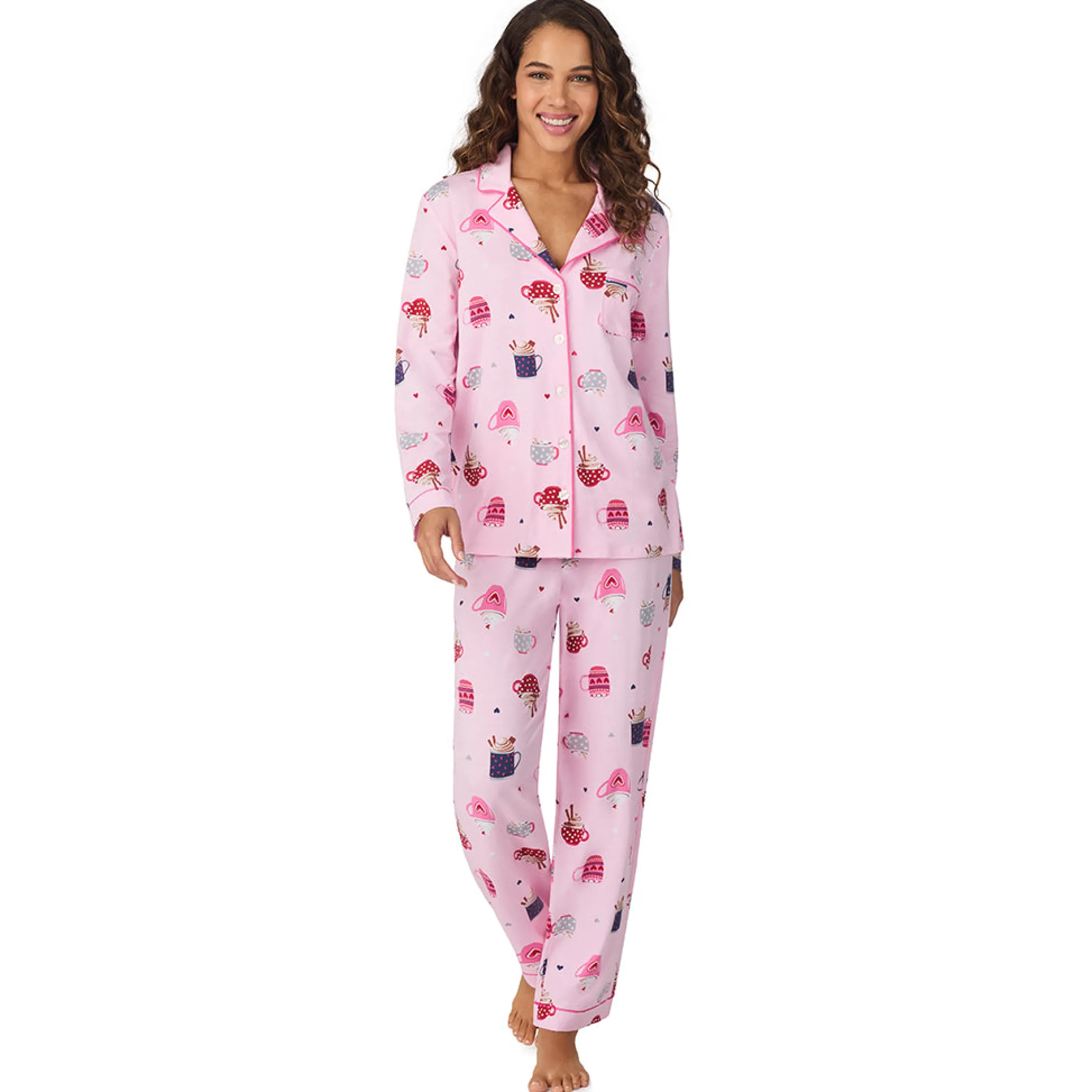 Cotton-Blend Long Sleeve Notch Collar 2-Pc Pajama Set
