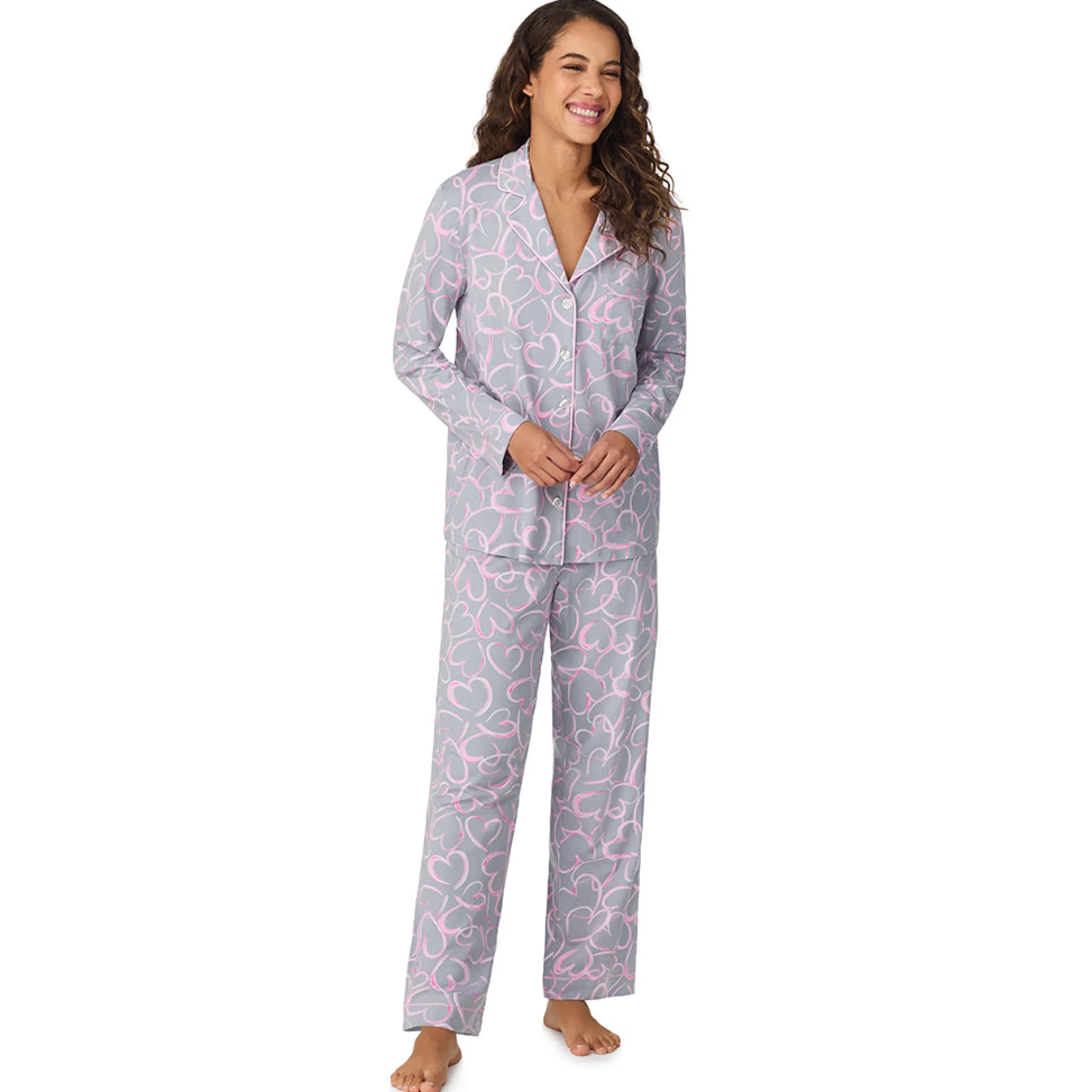 Cotton-Blend Long Sleeve Notch Collar 2-Pc Pajama Set