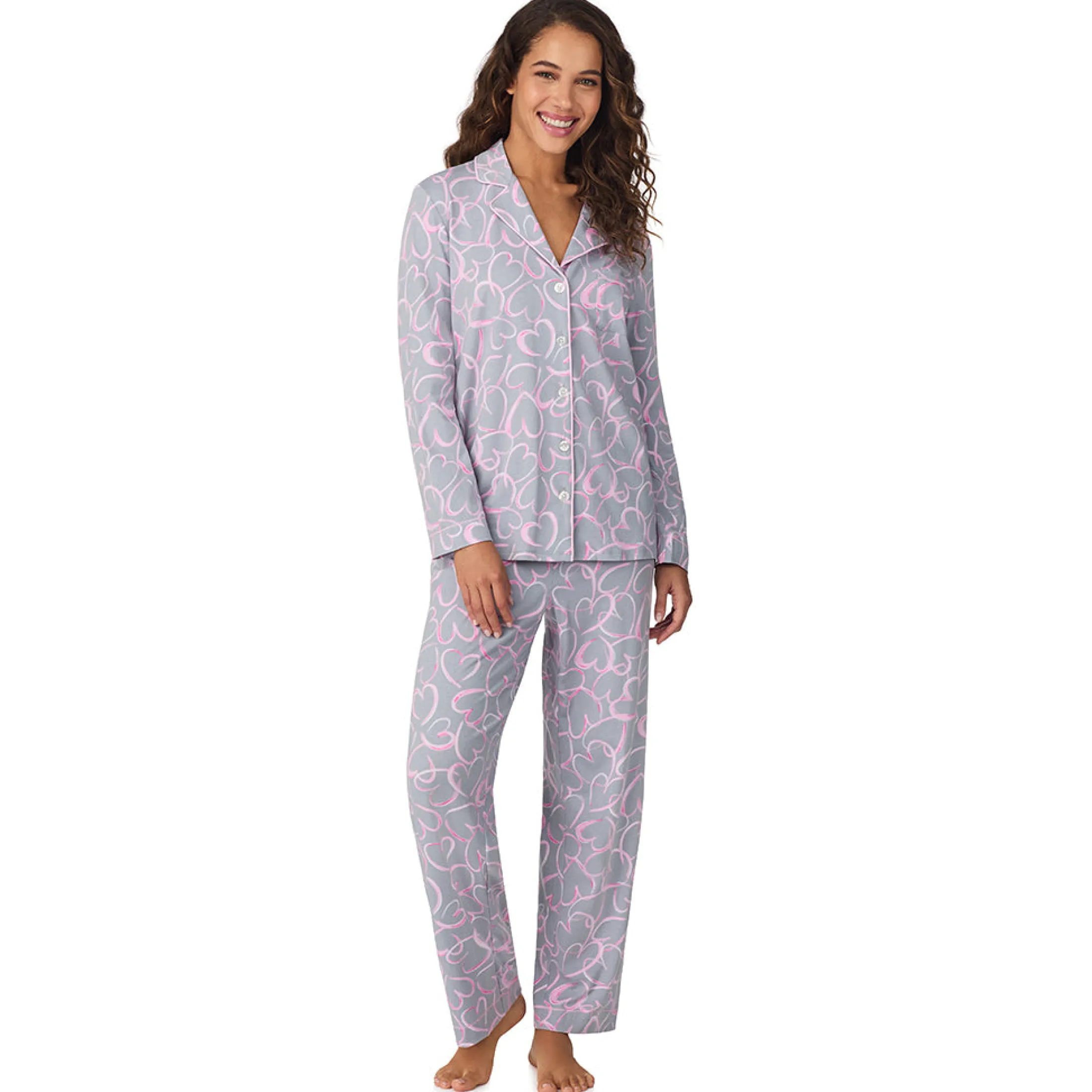 Cotton-Blend Long Sleeve Notch Collar 2-Pc Pajama Set