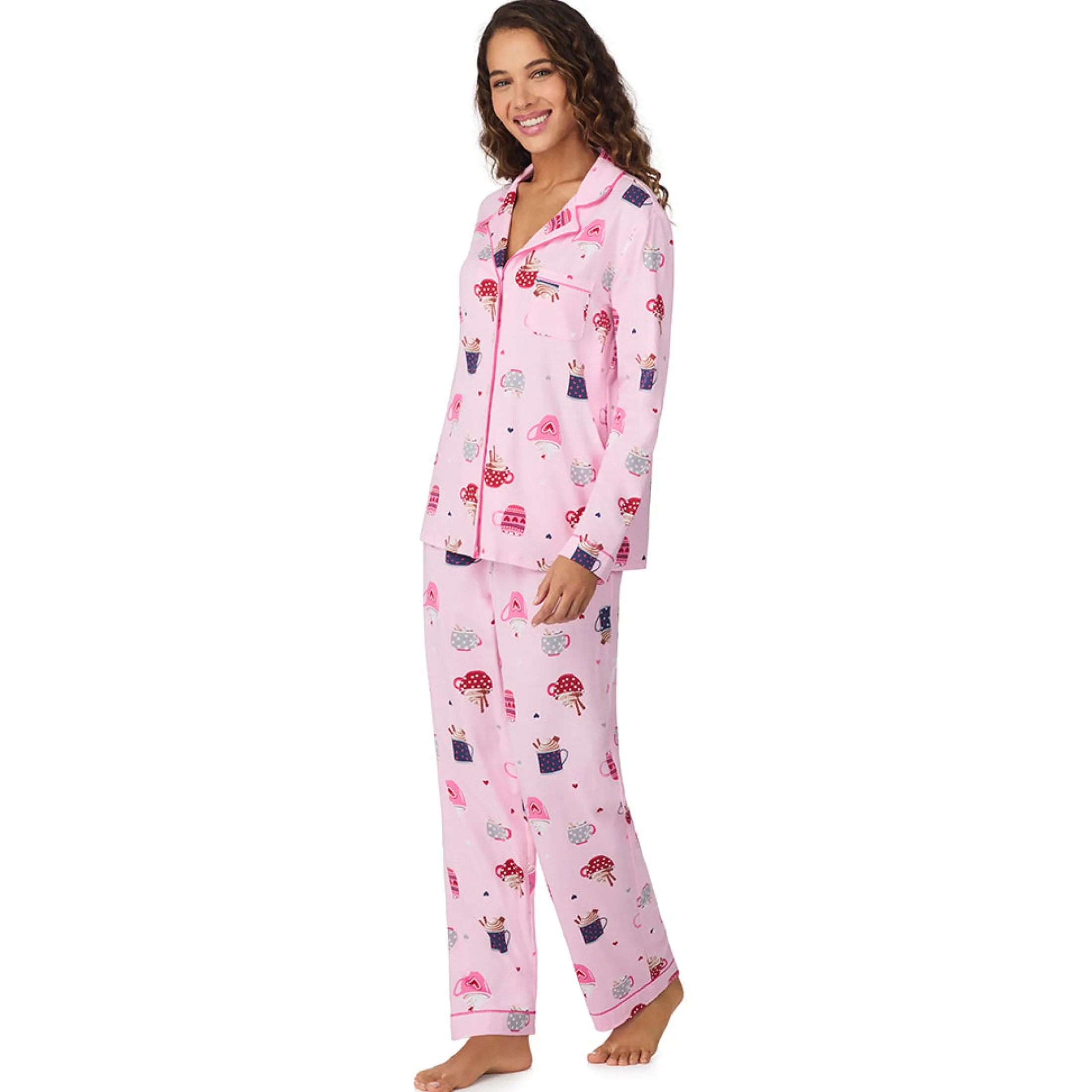 Cotton-Blend Long Sleeve Notch Collar 2-Pc Pajama Set