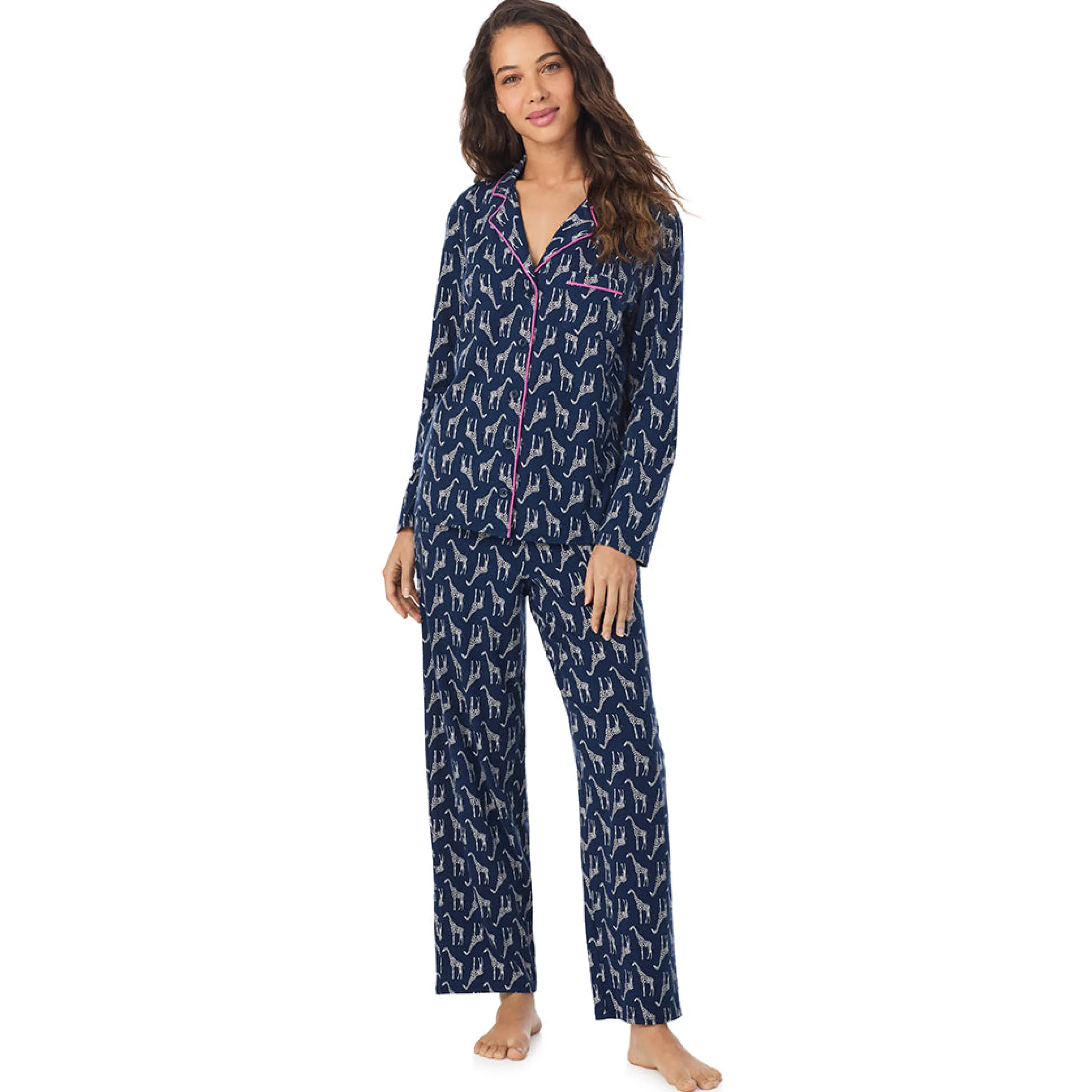 Cotton-Blend Long Sleeve Notch Collar 2-Pc Pajama Set