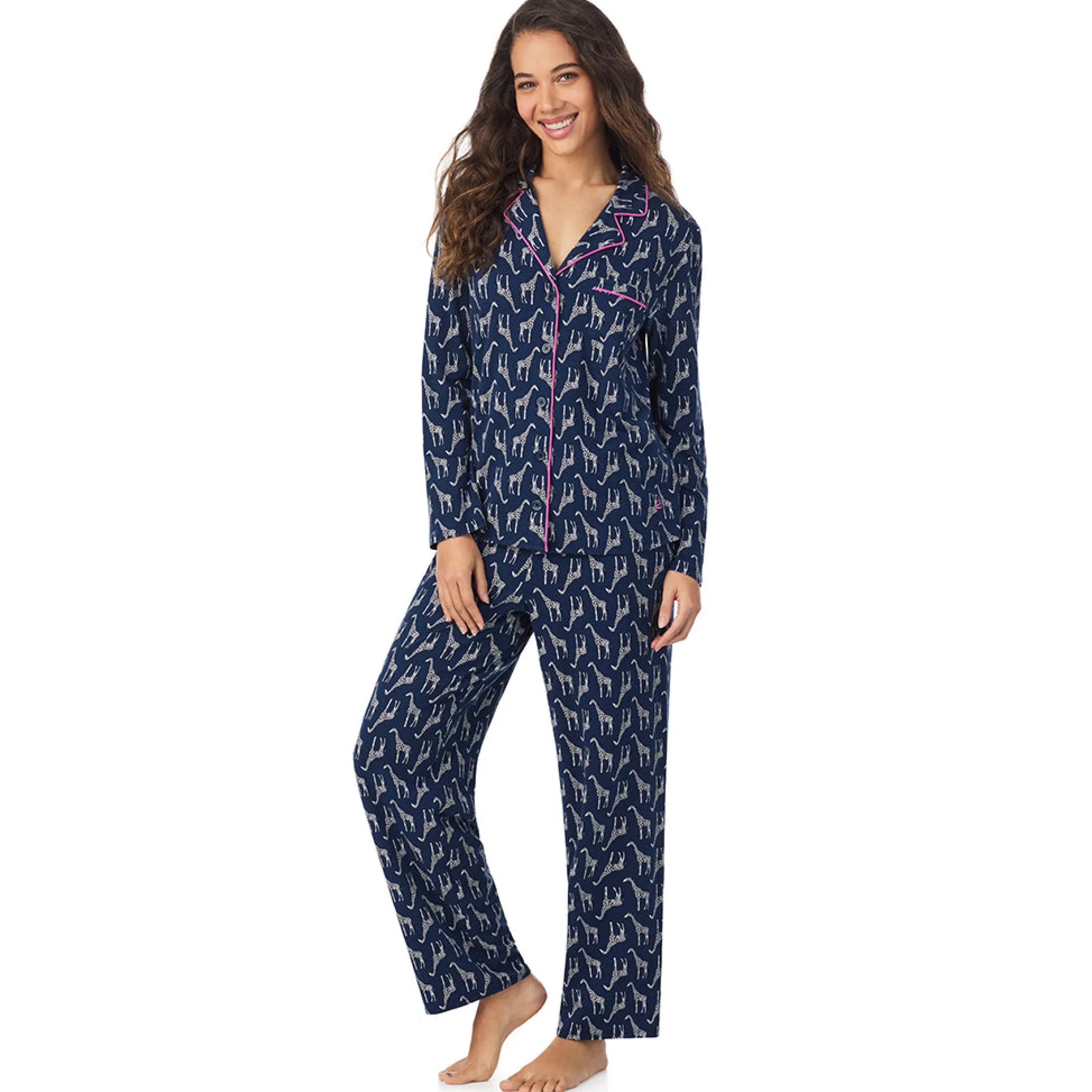 Cotton-Blend Long Sleeve Notch Collar 2-Pc Pajama Set