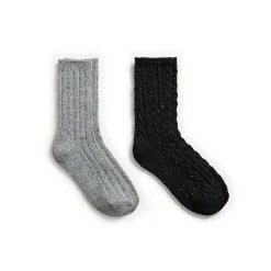 Flecked Pucker Chain Cable/Solid Rib Crew Sock 2-Pack