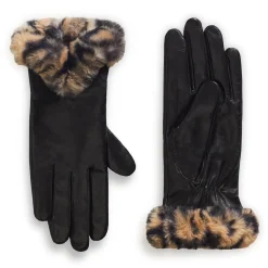 Leather Glove with Printed Faux Fur Cuff
