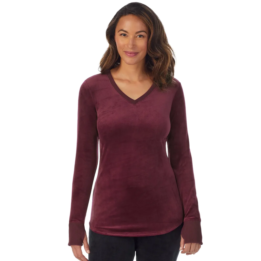 Stretch Velour Long Sleeve V-Neck